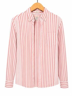J. CREW SLIM FIT BROKEN-IN OXFORD COTTON PINK AND WHITE STRIPED BUTTON UP WOMEN